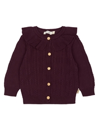 Petit Piao cardigan i mørk bærfarve Dark Grape med mønster og træknapper set forfra